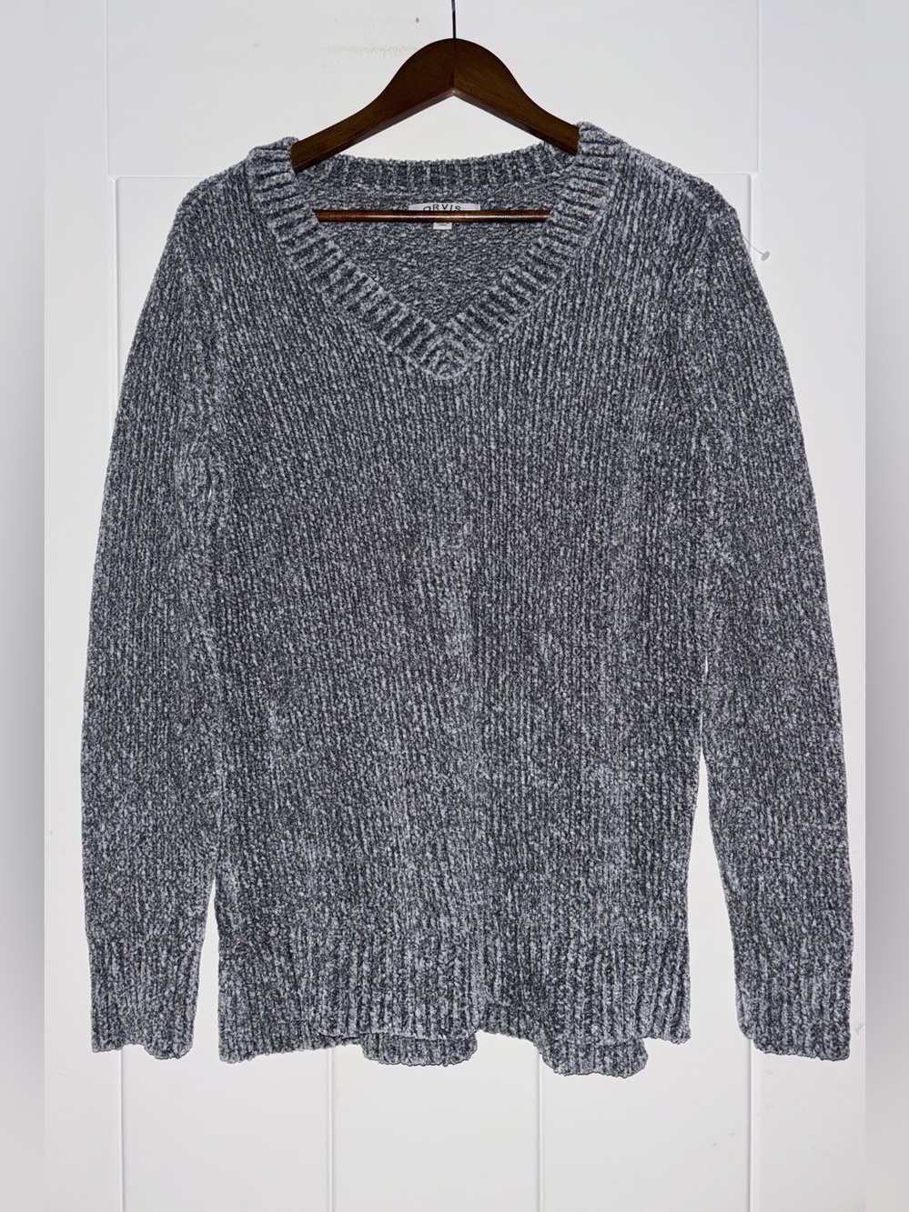 Orvis Chenille V-Neck Long Sleeve Gray Knit Sweater Women M Relax Fit Pullover